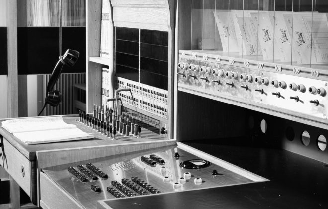Telephone exchange and inboxes, Hotel Valhall in Sweden 1955. Taken by photographer Sune Sundahl.